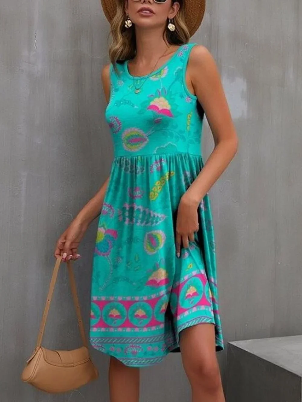 IZURIA Women Sleeveless Empire Waist Dress Sz L Turquoise Fuchsia Summer 66-7